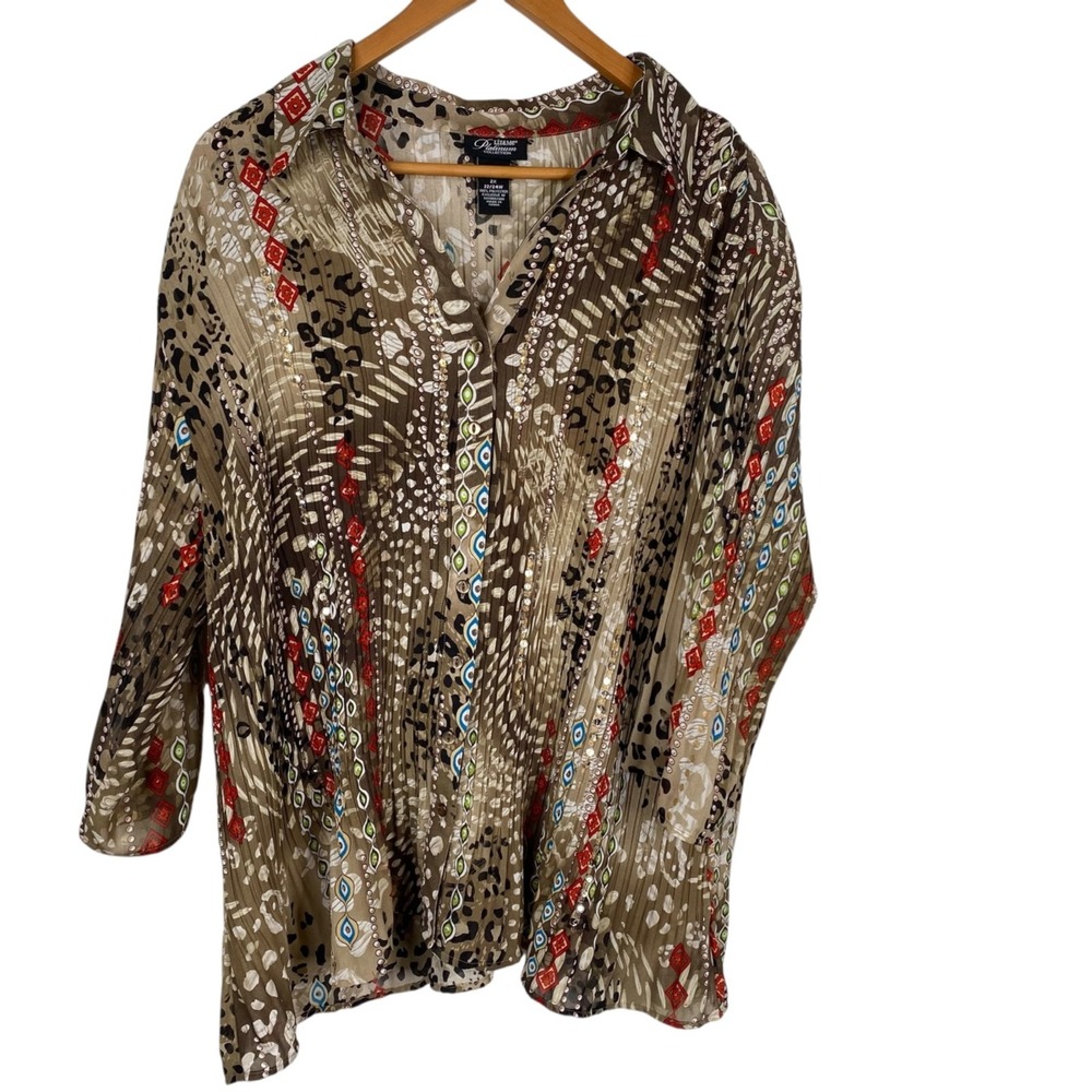 Liz & Me Platinum Women's Pleated Sequins Semi Sheer Boho Top Multicolor Size 2X